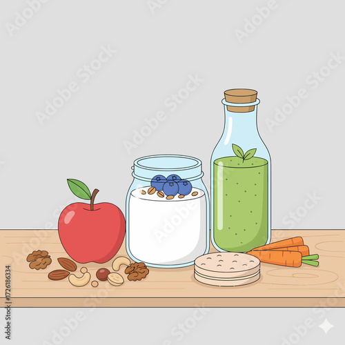 Vector art concept of a healthy breakfast with fresh fruit, yogurt, smoothie, and nuts. A flat line illustration promoting a balanced diet and nutrition
