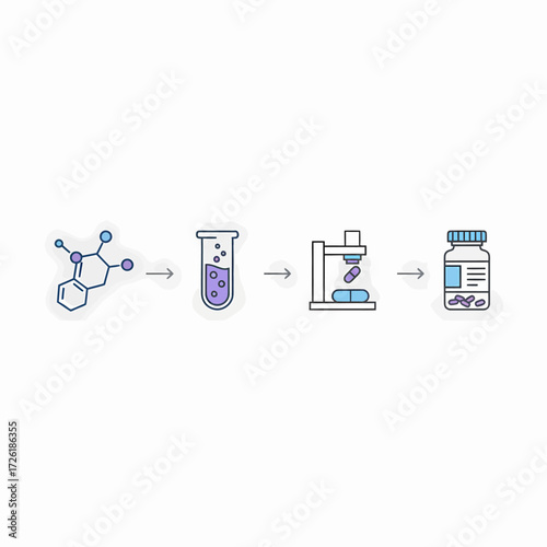 Conceptual vector illustration of the pharmaceutical development process, from molecular structure to finished medication pills