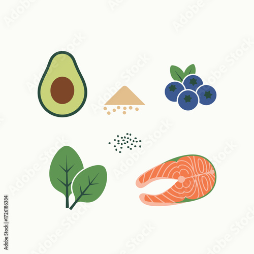 Nutrient-Rich Food Selection Avocado, Seeds, Berries, Greens, Salmon