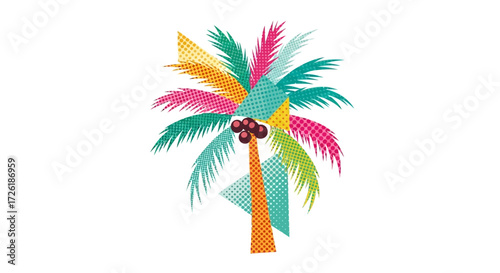 Colorful Pop Art Palm Tree with Coconuts and Geometric Shapes