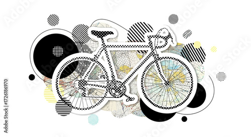 Stylized Bicycle Illustration with Geometric Shapes and Map Background