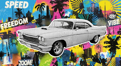 Classic Black and White Car in Pop Art Style