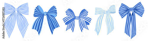 Blue Striped Ribbon Bows Set. Decorative Vector Clipart in Different Styles