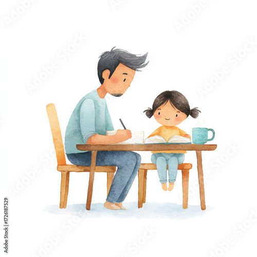 Father and daughter learning together at a table.
