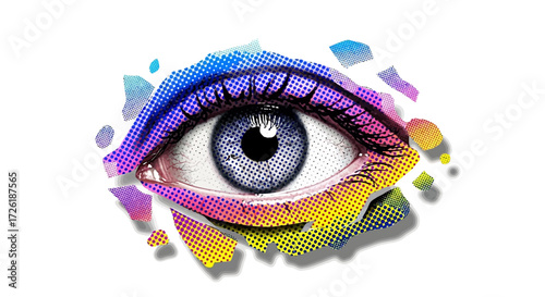 Colorful Halftone Eye Illustration with Fragmented Design Elements