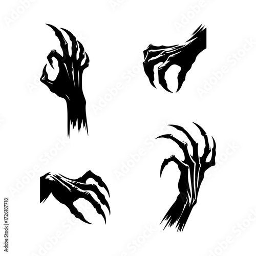 set of scary hand silhouette, creepy claw shape, sharp fingers, black vector illustration, isolated on white background, Halloween style, EPS format.