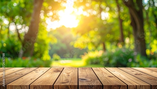 Fototapeta Naklejka Na Ścianę i Meble -  Sunny park scene with wood surface
