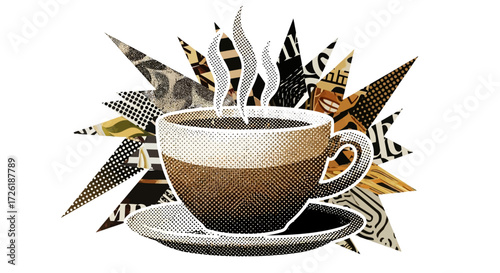 Steaming Coffee Cup with Geometric Patterned Background