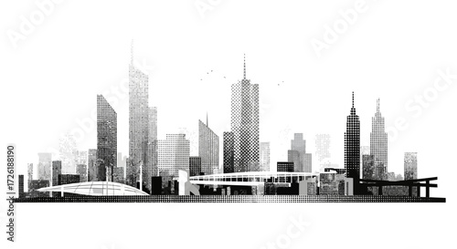 Abstract Cityscape Silhouette with Modern Architecture and Dotted Texture