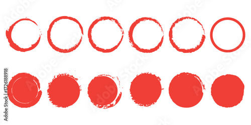 Red grunge circles shapes, grunge round shapes. Paint brush stamp collection. Vector red brush circle. Red grunge circle stamp. Vector illustration.