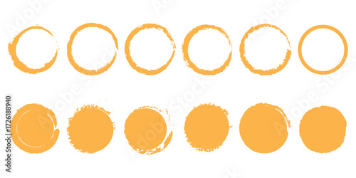 Red grunge circles shapes, grunge round shapes. Paint brush stamp collection. Vector red brush circle. Red grunge circle stamp. Vector illustration.