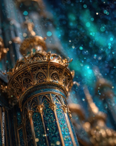 Golden Ornate Column, Mystical Teal Palace, Detailed Close-up.