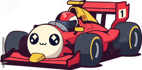 A charming cartoon grand prix racing car with a cute kawaii face, number one, and a driver. Isolated vector graphic for motorsport sports theme