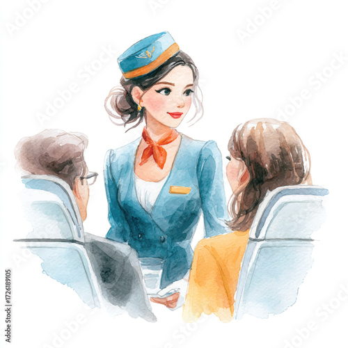 Flight attendant assisting passengers on an airplane watercolor illustration.