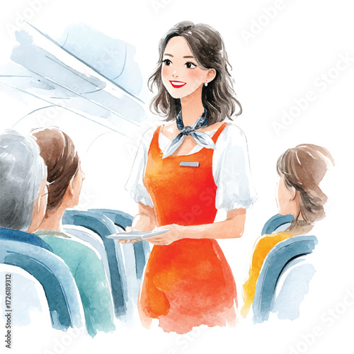 Flight attendant demonstrating safety procedures to passengers on an airplane.