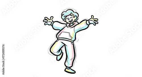 Joyful Cartoon Boy in Hoodie Jumping and Smiling