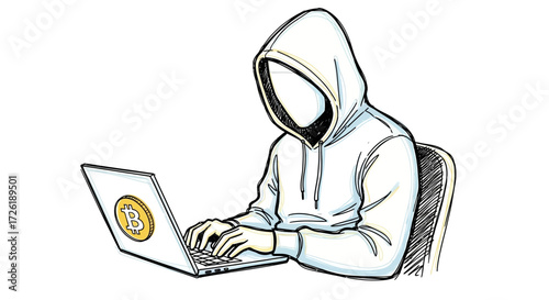 Anonymous Hooded Figure Using Laptop with Bitcoin Symbol