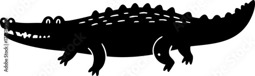 A black silhouette of a cartoonish crocodile with spiky back scales walks left, teeth bared, against a white background, creating a playful mood.
