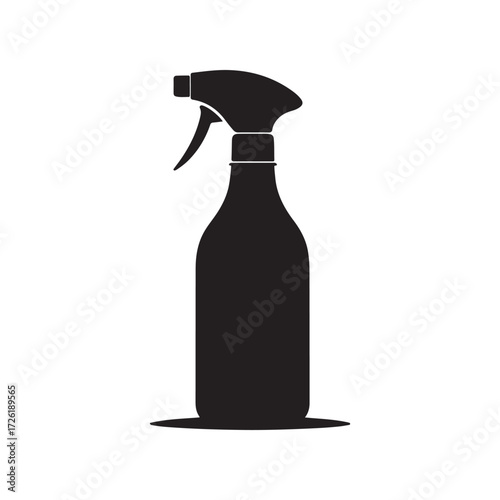 Black Silhouette of Spray Bottle with Trigger on White Background, Cleaning Tool