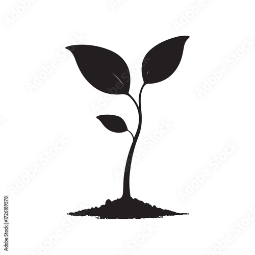 Black Silhouette of Seedling Growing from Soil Against White Background