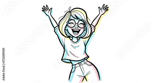 Joyful Cartoon Girl with Blonde Bob and Glasses