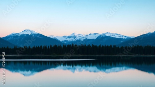 Serene mountain lake reflection at dusk with snow capped peaks