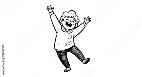 Joyful Cartoon Boy with Arms Raised in Celebration