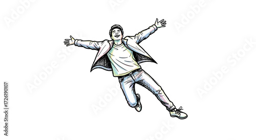 Joyful Young Man Leaping with Arms Outstretched