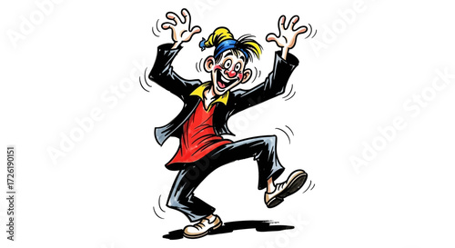 Joyful Cartoon Clown in Dynamic Pose, Red Shirt, Black Jacket