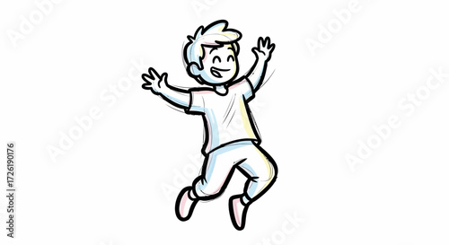 Joyful Cartoon Boy Jumping with Arms Raised