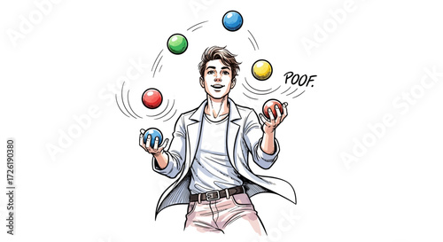 Young Man Juggling Colorful Balls in Illustration