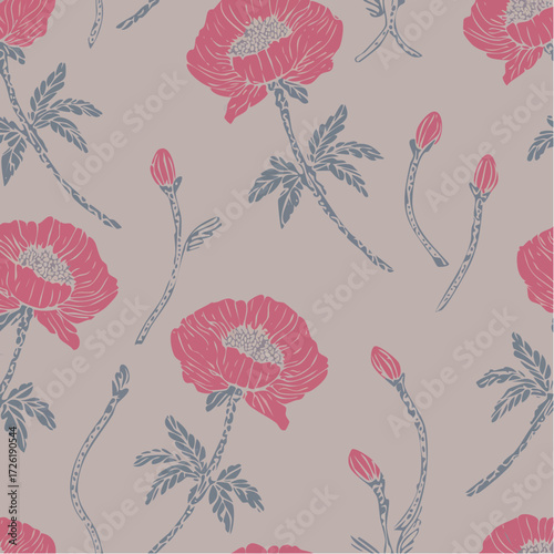 soft elegant nursery wallpaper repeat with anemone blooms and curved stems on chalk-textured parchment in rose, beige, and ivory