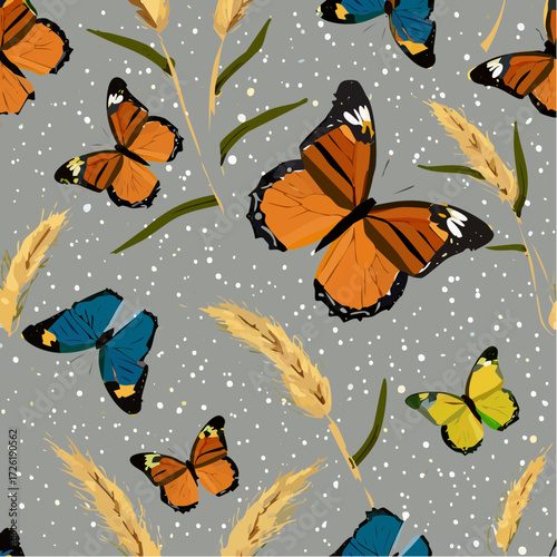 weightless repeating pattern of line-art butterflies and pampas grass on frosted recycled paper texture in blush and gray