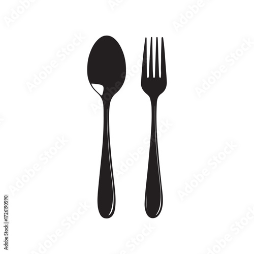 Black Spoon and Fork on White Background Cutlery Silhouette
