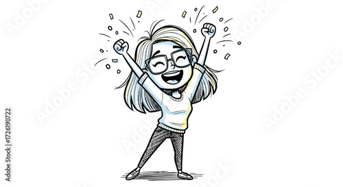 Joyful Cartoon Girl Celebrating Success with Raised Arms