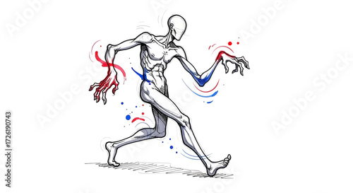 Dynamic Figure in Motion with Abstract Bloodstains
