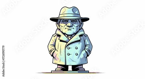 Cartoon Detective Character in Trench Coat and Fedora Hat