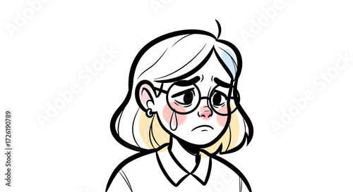 Cartoon Illustration of a Sad Girl Wearing Glasses