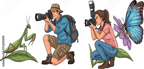 Two photographers capturing close-up macro shots of praying mantis and butterfly in nature with professional cameras, outdoor wildlife photography hobby