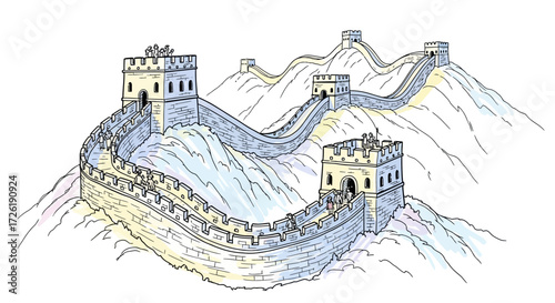 Hand-drawn illustration of the Great Wall of China winding across mountains