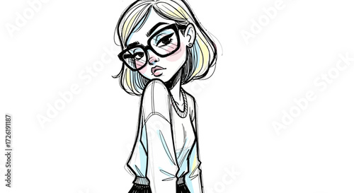 Pen-and-Ink Illustration of a Thoughtful Girl in Glasses