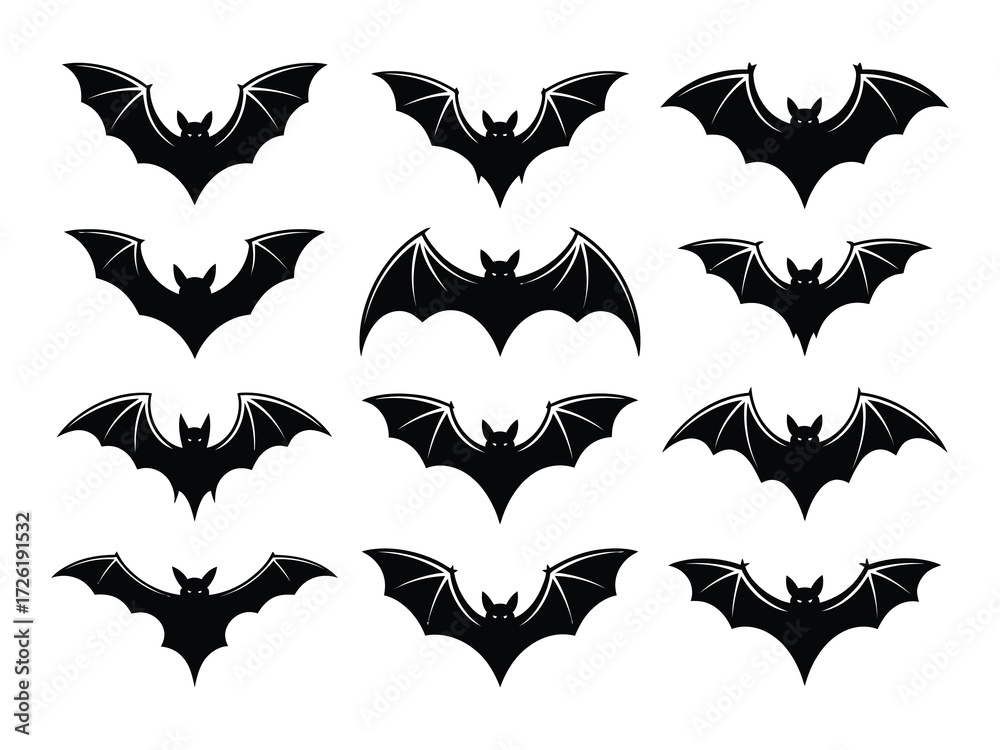 Naklejka premium Multiple bat silhouettes in flight, dark black vector symbols perfect for gothic or horror themes