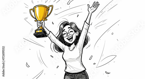 Joyful Woman Celebrating Victory with Golden Trophy