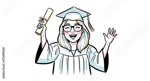 Cartoon Graduate Girl with Diploma and Cap Waving Hand, Celebrating Graduation