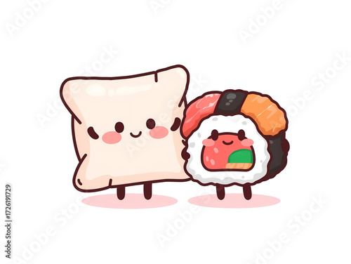 Cute Cartoon Pillow and Sushi Roll Best Friends Illustration