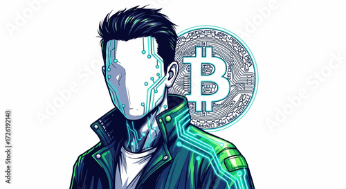 Futuristic Cyberpunk Figure with Bitcoin Symbol