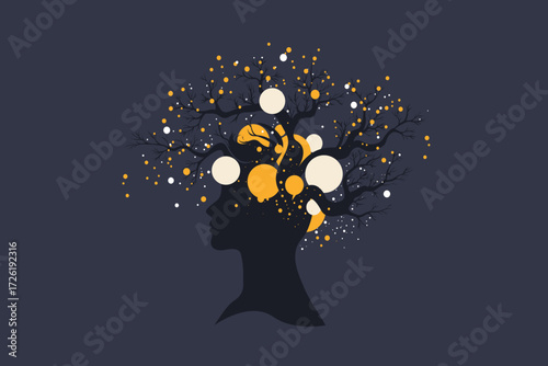 Abstract Head Silhouette with Tree Branches and Digital Nodes – Brain, Growth and Business Concept Illustration