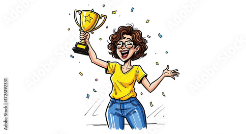 Joyful Woman Holding Trophy Celebrating Victory and Success