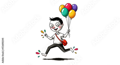 Joyful Boy Running with Colorful Balloons