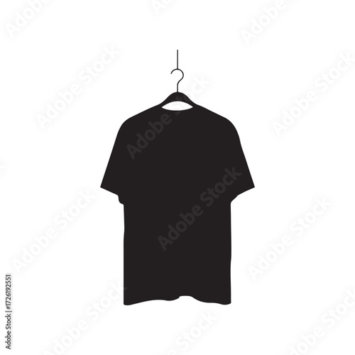 Black TShirt Silhouette on Hanger, Simple Apparel Icon Isolated